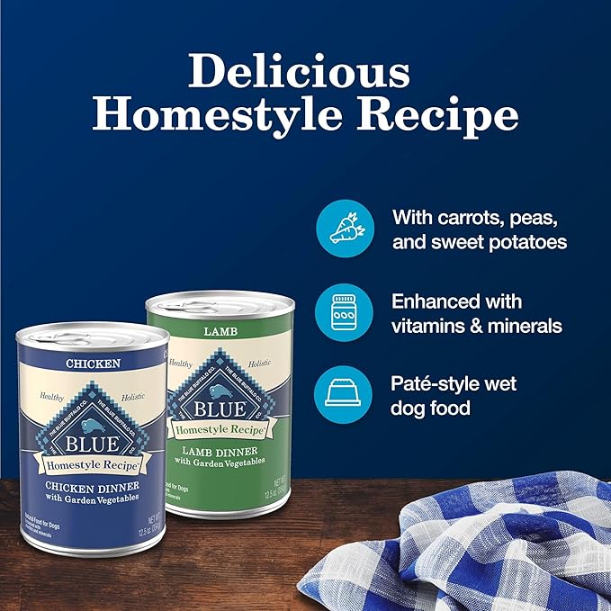 Blue Buffalo Homestyle Recipe Chicken and Lamb Wet Dog Food for Adult Dogs, 12.5 oz. Cans, 6 Count Variety Pack