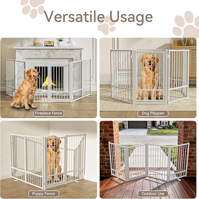 SNUOWU Full Metal Freestanding Dog Gate with Door, 32''Height Foldable Pet Dog Fence for Indoor & Outdoor, 8 Panels Extra Wide Free Standing TallDog Gates for Doorways,House,Stairs,Porch,Deck,Yard
