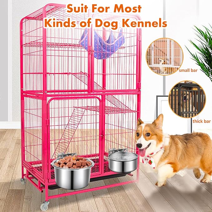 Dog Crate Water Bowl No Spill 40oz & 60oz, 2 Pack Stainless Steel Large Dog Water Bowls for Cage, Crate, Kennel - Hanging Detachable Pet Water/Food Bowl for Indoor & Outdoor