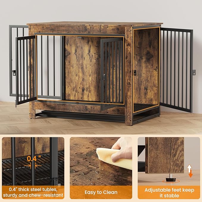 Derfullo Dog Crate Furniture, 38 Inch Indoor Dog Kennel for Medium Dogs Up to 50 LBS, Heavy Duty Wooden Pet Cage End Table with 3 Doors, Alloy Steel Frame & Removable Tray