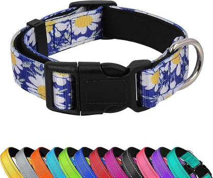 Reflective Dog Collar, Adjustable Soft Neoprene Padded Nylon Pet Collars with Buckle for Puppy and Small Dogs, Cats, Small Daisies Blue,XL