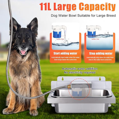 3Gal Automatic Dog Water Bowl Dispenser for Dogs Stainless Hanging Outdoor Self Filling Dog Bowl Large Breed Pet Waterer Metal Wall Mounted Auto Fill Big Dogs Waterer for Cats Chicken Livestock