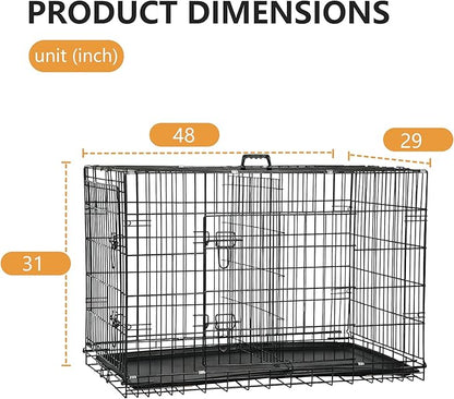 FDW Dog Crate 48-Inch Dog Cage Foldable Metal Kennel with Leakproof Tray Foldable Design Indoor Outdoor Use for XL Large Dogs,Dark Black