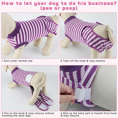2 Packs Breathable Cotton Dog Recovery Suit for After Neuter Spay Abdominal Wounds Protector, Professional Anti-Licking Onesies for Male Female Pets Surgery Bandages, 2XL Purple & Pink Stripes