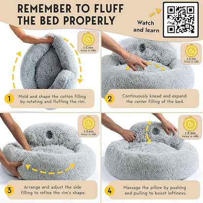 PetJett Calming Dog Bed Medium Size Dog - 30'' Donut Bed, Anti-Slip & Washable Super Soft Fluffy Plush Round Bed, Anti-Anxiety Premium Comfort Pet Bed, Fits Dogs up to 45 lbs - Bright Grey