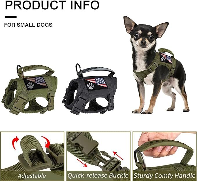Tactical Small Dog Harness Tactical Puppy Vest with Rubber Handle K9 Military Adjustable Pet Cat Vest Harness for Outdoor Training XS Dog Harness (Green Harness)