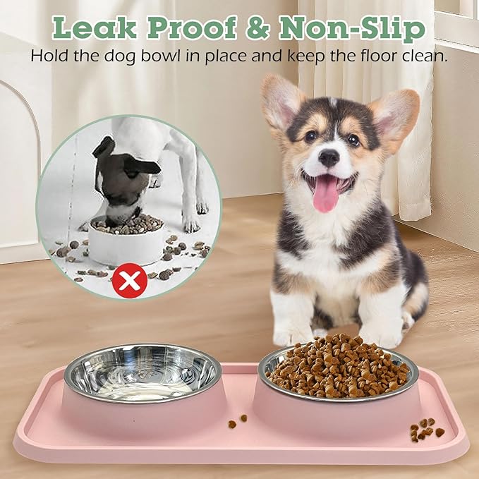 BNOSDM Double Dog Food Bowls Stainless Steel Dog Food and Water Bowls with Non-Spill Plastic Mat Pet Cat Feeder Bowl Set for Puppy Cats Kitten Small Dogs, Dark Green