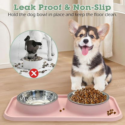 BNOSDM Double Dog Food Bowls Stainless Steel Dog Food and Water Bowls with Non-Spill Plastic Mat Pet Cat Feeder Bowl Set for Puppy Cats Kitten Small Dogs, Dark Green