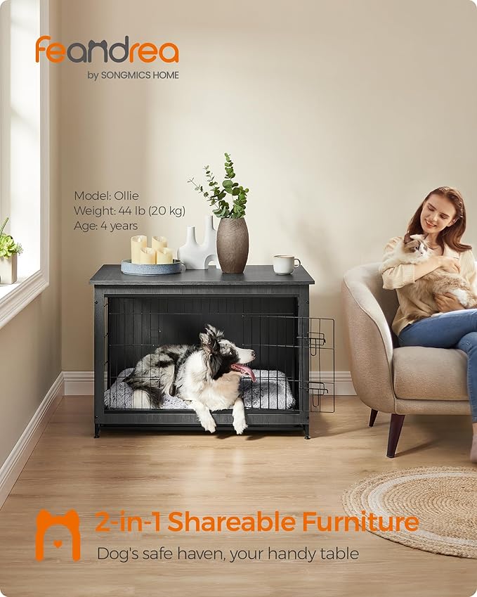 Feandrea 38.6" Dog Crate Furniture, Indoor Dog Cage Side End Table, XL Pet Wood Kennel for Large and Medium Dogs up to 70 lb with Multi-Purpose Removable Tray, Double-Door Pet House, Ink Black