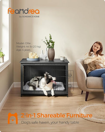 Feandrea 38.6" Dog Crate Furniture, Indoor Dog Cage Side End Table, XL Pet Wood Kennel for Large and Medium Dogs up to 70 lb with Multi-Purpose Removable Tray, Double-Door Pet House, Ink Black