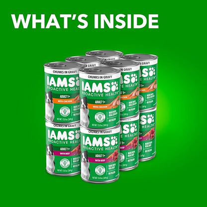 IAMS Proactive Health Wet Dog Food Adult, Canned Dog Food, Chicken Chunks in Gravy and Beef Chunks in Gravy, 13 oz. Cans, Pack of 12