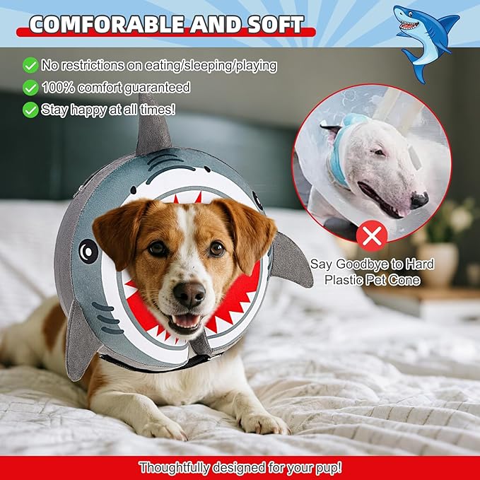 KOOLTAIL Inflatable Dog Cone Collar, Soft Donut E Collar for Dogs After Surgery to Stop Licking Enhanced Alternative, Blow Up Pet Neck Pillow Recovery Adjustable Cone for Dog Cat, Upgrade Size,Shark M