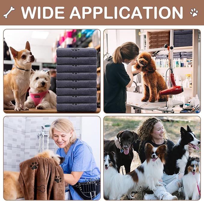 Chumia 8 Pcs Dog Towels for Drying Dogs Cats Pet Towels Bulk Puppy Microfiber Fast Drying Paw Bath Bathing Supplies Absorbent for Medium Pets(40 x 24 Inch,Dog Paw and Bone,Brown, Gray)