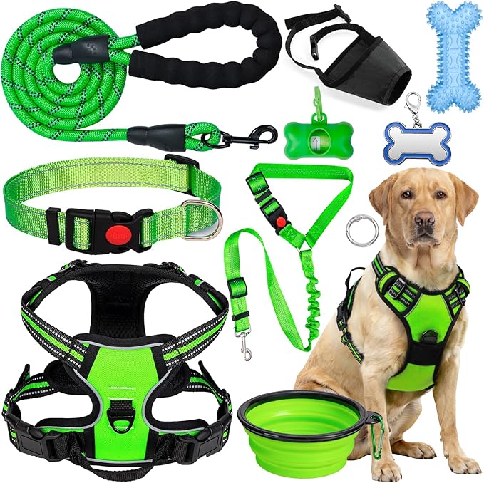 No Pull Dog Harness Adjustable Collar & Leash Set - Dog Halter Harnesses Collapsible Bowls & Poop Bag Dispenser Muzzle ID Tags Toys Fits Small Medium Large Dogs (Green-L)