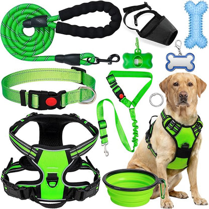 No Pull Dog Harness Adjustable Collar & Leash Set - Dog Halter Harnesses Collapsible Bowls & Poop Bag Dispenser Muzzle ID Tags Toys Fits Small Medium Large Dogs (Green-L)
