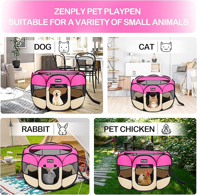 Portable Pet Dog Playpen, Pet Playpen Foldable Extra Heavy Duty Pop Up No Assembly Kennel Tent Crate Indoor Outdoor with Shade Ventilation Mesh for Small Animals, Kitten, Cat, Rabbit (Hot Pink)