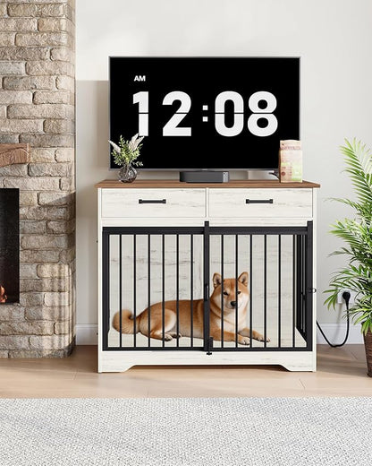 Hzuaneri 38.2'' Dog Crate Furniture with Charging Station, Barn Door Dog Kennel Indoor with 2 Storage Drawers, Wooden Pet Cage End Side Table for Medium/Large Dogs, Chew-Proof, White Brown DFC90314B