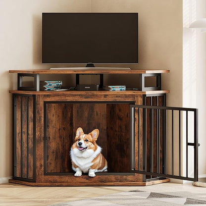 IRONCK 44" Corner Dog Crate with 2-Tier Shelves, Wooden Dog Kennel Furniture, Dog Kennel Indoor Furniture for Small and Medium Dogs, Rustic Brown (23.6" L x 43.3" W x 32.3" H)