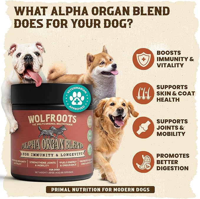 Alpha Organ Blend for Dogs - Grass Fed Beef Liver Heart Kidney Pancreas Spleen Powder - Freeze Dried Dog Vitamin Minerals - Supports Immunity Joints Skin Coat Energy - All Breeds 30 Servings