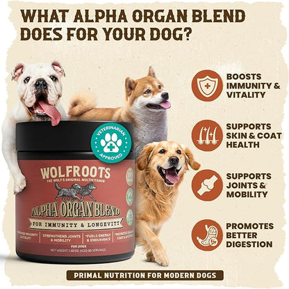 Alpha Organ Blend for Dogs - Grass Fed Beef Liver Heart Kidney Pancreas Spleen Powder - Freeze Dried Dog Vitamin Minerals - Supports Immunity Joints Skin Coat Energy - All Breeds 30 Servings