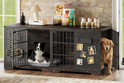 HOOBRO 71" Dog Crate Furniture for 2 Large Dogs, Heavy Duty Indoor Kennel with Removable Divider & Name Tags, TV Stand Cage Furniture for Medium & Large Dogs, Charcoal Gray & Black BC84GW03