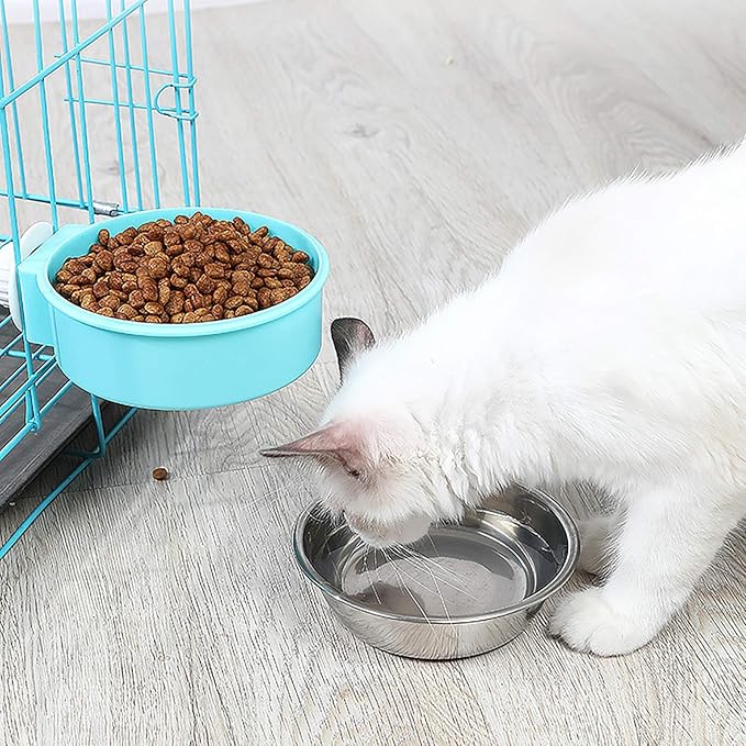 kathson 3 PCS Crate Dog Bowl, Stainless Steel Removable Hanging Cage Food Bowl Pet Food Spoon & Water Feeder Bowls Coop Cup for Puppy Cat Bird Rabbit