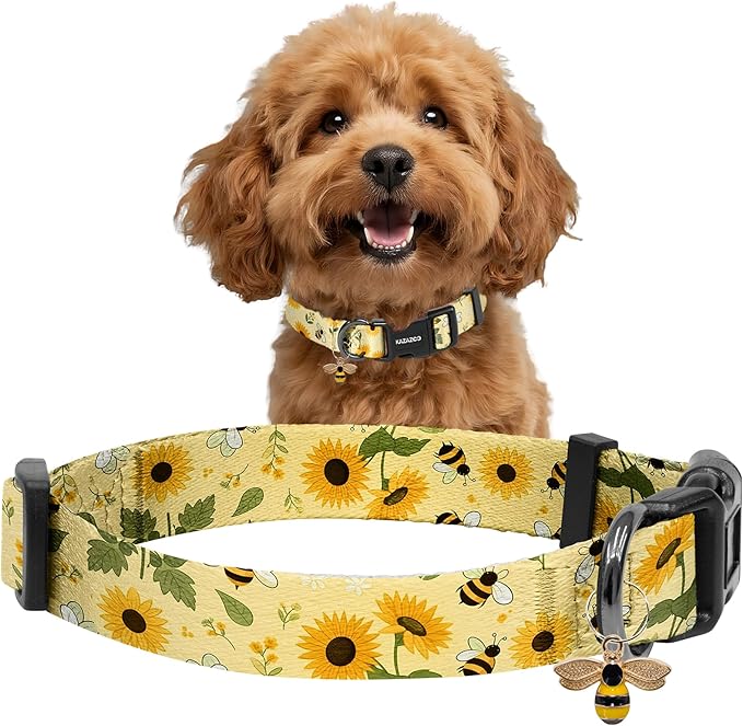 Kazazoo Dog Collar Cute and Soft Nylon Puppy Collar for Boy and Girl, Adjustable Dog Collars for Small Medium Dogs, Bees and Sunflowers-S