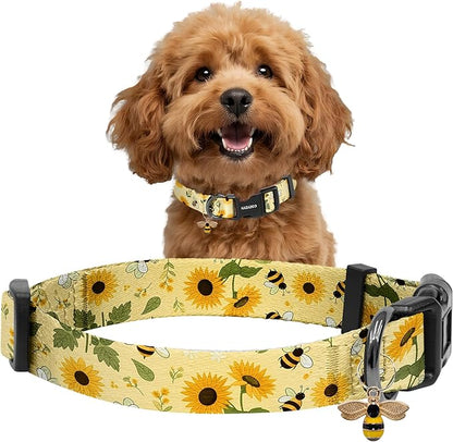 Kazazoo Dog Collar Cute and Soft Nylon Puppy Collar for Boy and Girl, Adjustable Dog Collars for Small Medium Dogs, Bees and Sunflowers-S