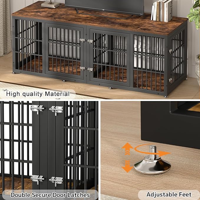 rehomerance 78 Inch Double Dog Crate Furniture, Heavy Duty Extra Large Cage Furniture with Divider for 2 Dogs, Decorative Wooden Kennel Furniture Indoor, Metal Pet House for Large and Medium Dogs
