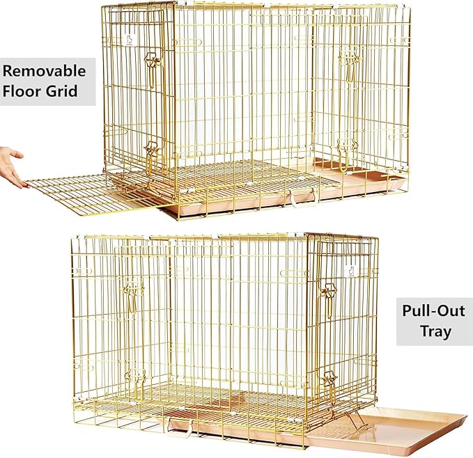 HOMEY PET Copper Gold Dog Crate 36 Inch, Portable Folding Metal Wire Dog Kennel Pet Dog Cage with Removable Floor Grid, Pull Out Leak-Proof Pan, Double Doors, Handle for Medium Dogs, Indoor Outdoor