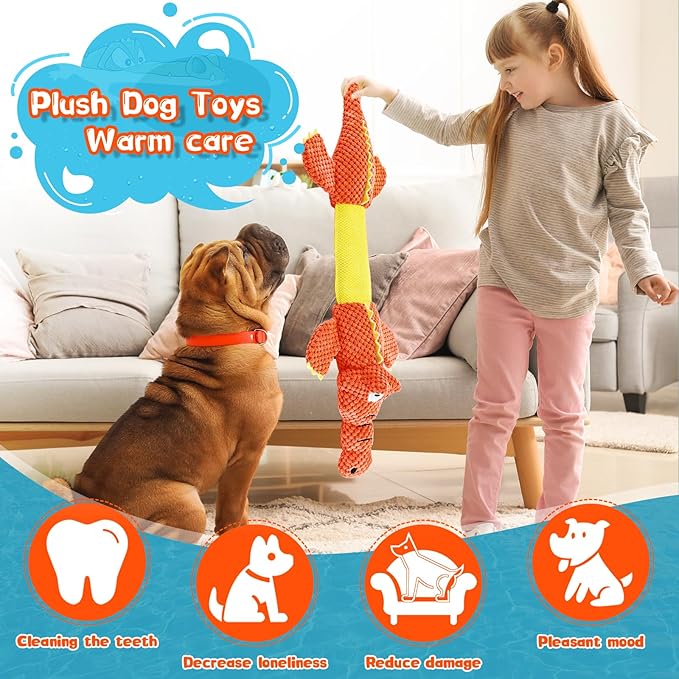 Interactive Tug of War Dog Toys for Small to Large Breeds - Squeaky Puppy Toys with Crinkle Paper, Stuffed Chew Toys to Keep Them Busy, Training Reward Gift for Dogs (Orange)