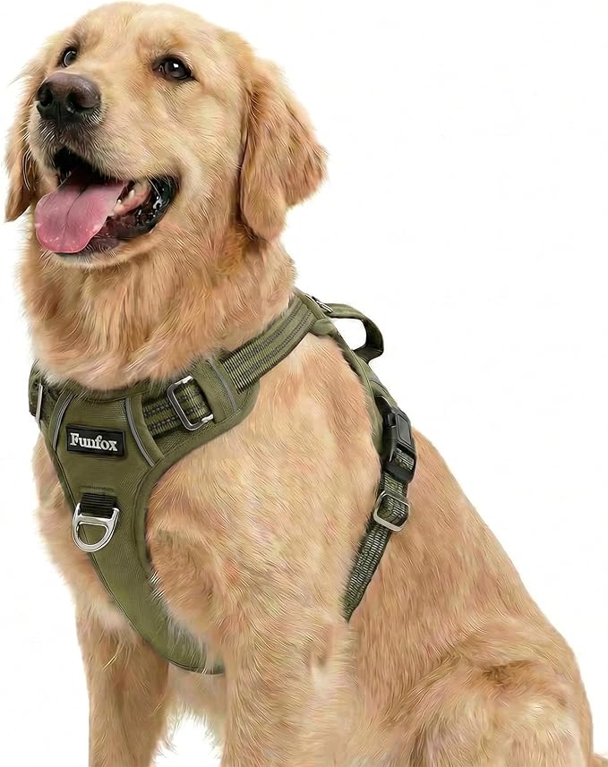 Funfox Dog Harness No Pull, Adjustable Pet Vest Harness, Super Soft Material with Vertical Handle Easy Control, Reflective Night Walking, 2 Leash Clips for Large Dogs, Army Green, L