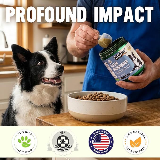 Better Dog Supplements Calm Surrender by Cesar Millan – Natural Dog Calming Powder for Stress, Anxiety, Grooming, Travel & Thunderstorms – Catnip, Chamomile & Valerian – 4oz, (60-Day Supply)