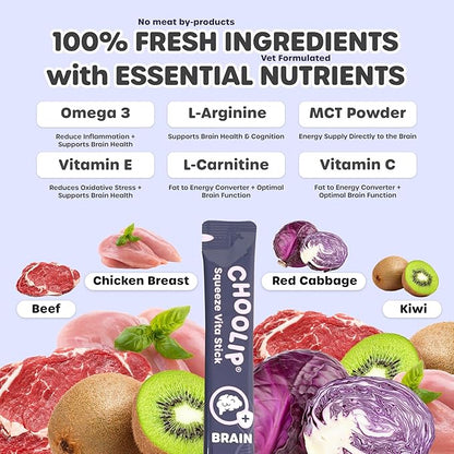 Choolip Squeeze Vita Stick Brain Support Lickable Cat and Dog Treats, 7-Count – Beef and Chicken Soft Puree with DHA, CoQ10 & Vitamin E, Vet-Formulated