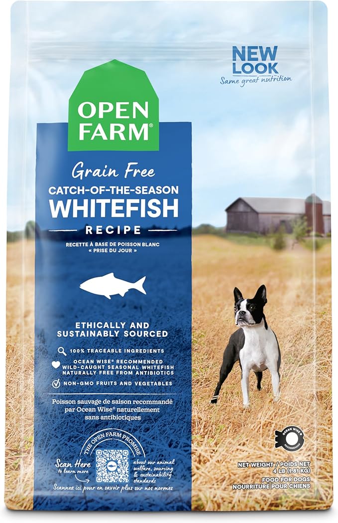Open Farm, Grain-Free Dry Dog Food, Complete & Balanced Kibble, Sustainably & Ethically Sourced Ingredients, Non-GMO Veggies & Superfoods, Catch-of-The-Season Whitefish Recipe, 4lb Bag