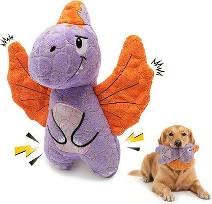 Bite Force - Durable & Strong Dog Toy Purple Dino with Squeaker, Kevlar-Reinforced for Aggressive chewers.