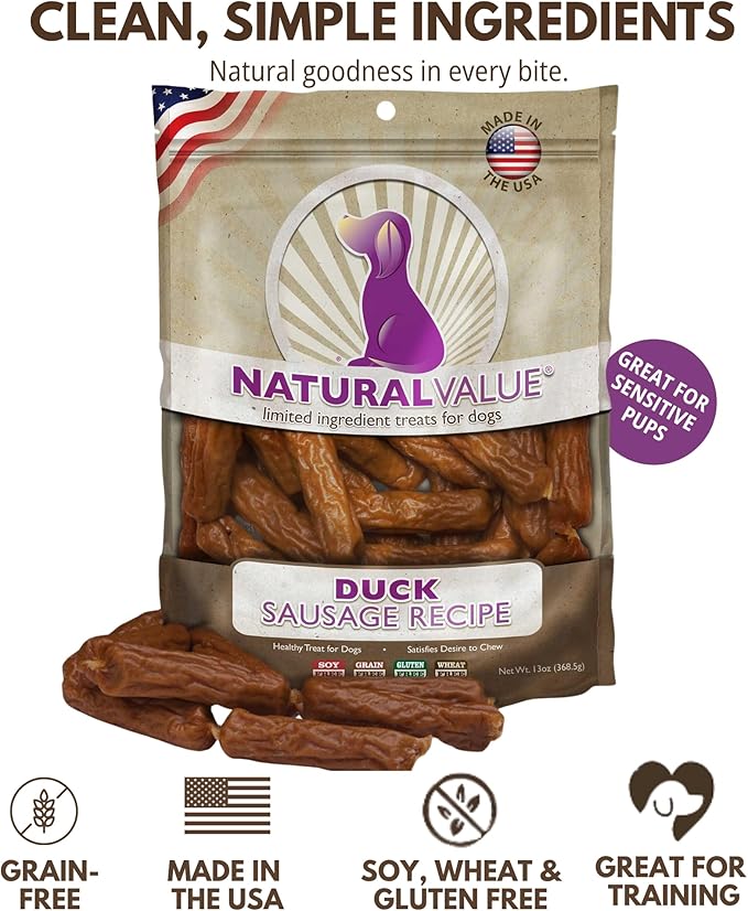 Loving Pets Natural Value Duck Sausages - Soft Jerky Dog Treats for Large & Small Breeds - Healthy Gluten, Wheat, Soy & Grain Free Pet Treats for Dogs