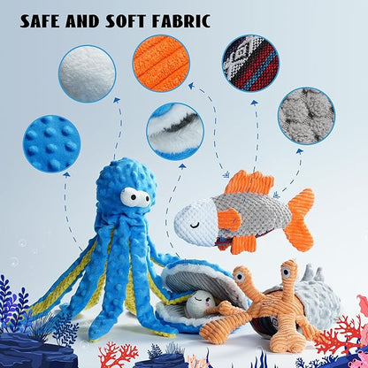 Nocciola Crinkle Squeaky Octopus Dog Toy - Ocean Theme Stuffed Interactive Rope Toys for Small, Medium & Large Dogs, Durable for Aggressive Chewers (Crab)