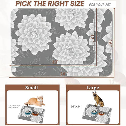 Dahlia Dog Cat Food Mat,Gray White Flowers Absorbent Pet Feeding Mat with Rubber Backing,Non-Slip Water Bowl Placemat,Indoor Pet Accessories Supplies 16"x24"