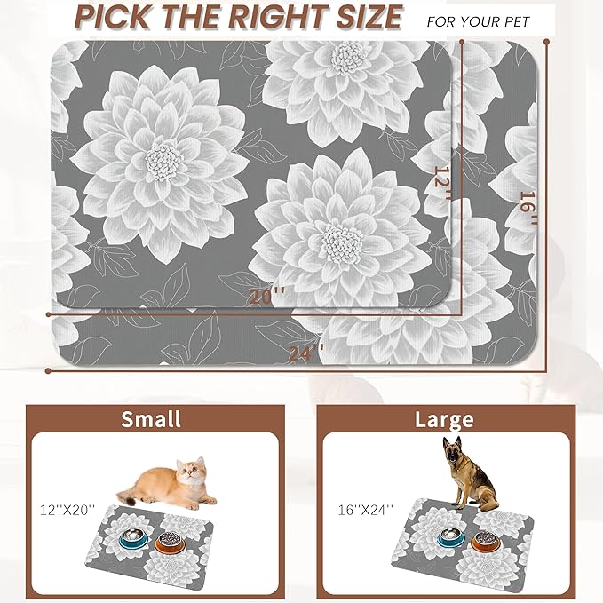 Dahlia Dog Cat Food Mat,Gray White Flowers Absorbent Pet Feeding Mat with Rubber Backing,Non-Slip Water Bowl Placemat,Indoor Pet Accessories Supplies 12"x20"