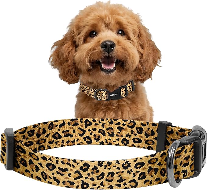 Kazazoo Dog Collar Cute and Soft Nylon Puppy Collar for Boy and Girl, Adjustable Dog Collars for Small Medium Dogs, Brown Leopard-S