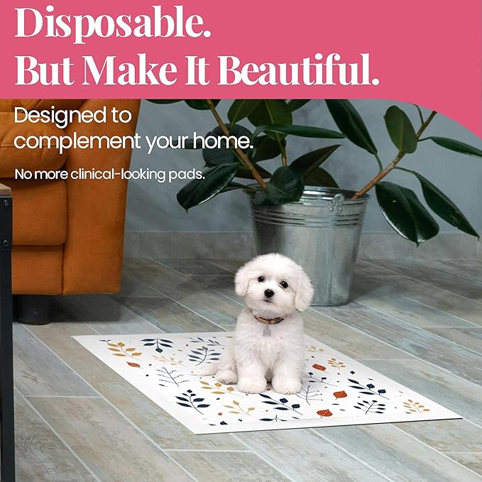 Pupiboo Disposable Dog and Cat Training Pads – Leaves Pattern, Highly Absorbent Pee Pads, Leak Proof Backing, Pheromonal Attractant for Housebreaking & Potty Training – 23x23 in (100 Count)