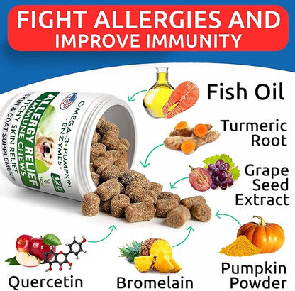 BARK&SPARK Dog Allergy Relief Soft Chews for Skin Health & Seasonal Allergies - Anti-Itch Supplement w/Omega-3, Quercetin & Bromelain Immune Treats for Dry Skin & Hot Spots - Bacon - 240ct