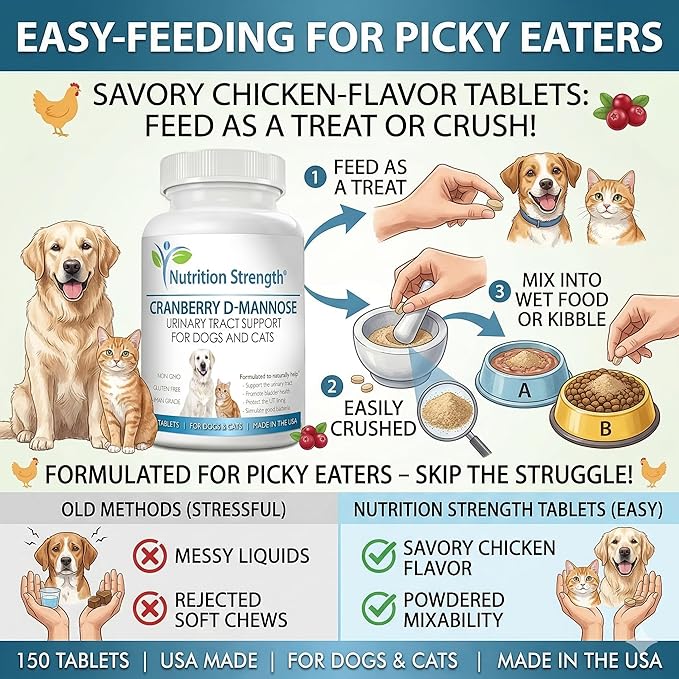 Cranberry D-Mannose for Dogs, Support for Bladder & UTI, Pet Urinary Tract + Immune Health Supplement, Cranberry for Dogs with D-Mannose & Vitamin C, 150 Chewable Tablets