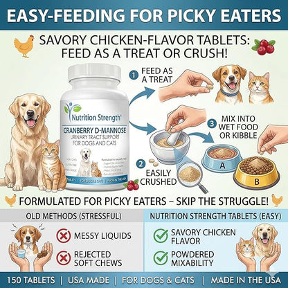 Cranberry D-Mannose for Dogs, Support for Bladder & UTI, Pet Urinary Tract + Immune Health Supplement, Cranberry for Dogs with D-Mannose & Vitamin C, 150 Chewable Tablets