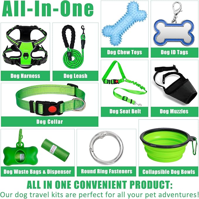 No Pull Dog Harness Adjustable Collar & Leash Set - Dog Halter Harnesses Collapsible Bowls & Poop Bag Dispenser Muzzle ID Tags Toys Fits Small Medium Large Dogs (Green-M)