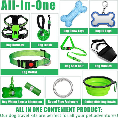 No Pull Dog Harness Adjustable Collar & Leash Set - Dog Halter Harnesses Collapsible Bowls & Poop Bag Dispenser Muzzle ID Tags Toys Fits Small Medium Large Dogs (Green-M)