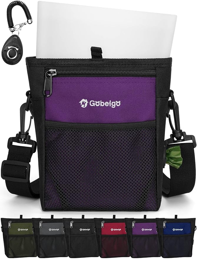 Gobeigo Dog Treat Pouch, Magnetic Closure & Sealable Silicone Bag Insert, 4-Cup Capacity – Belt Clip/Waist Belt/Crossbody Wear, Clicker Included – Great for Pet Training & Walking (Purple)