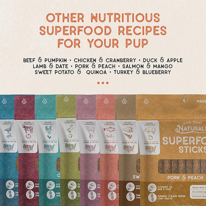 Dog Treat Naturals Superfood Sticks, Pork & Peach, 10oz Bag | Dog Chew Sticks | All-Natural, Pet Training Treats | Joint-Skin-Coat Health | USA Made