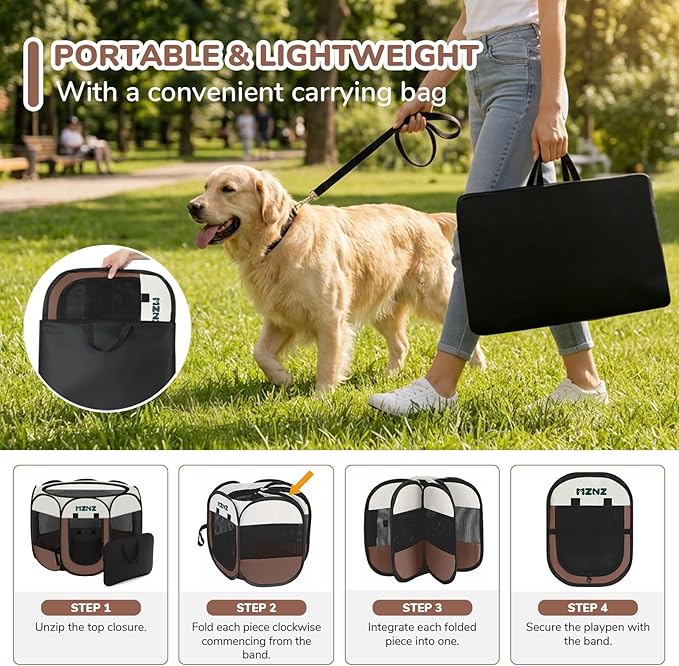 Dog Playpen, Portable Puppy Pet Crate Indoors for Small/Medium/Large Dogs Cats Rabbits, Foldable Dog Cage Enclosure for Outdoor, Pop Up Dogs Tent Kennel with Carrying Case, Brown
